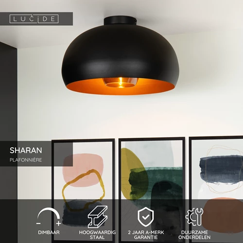 Lucide SHARAN - Plafonnière - Ø 38 cm - 1xE27 - Zwart - USP